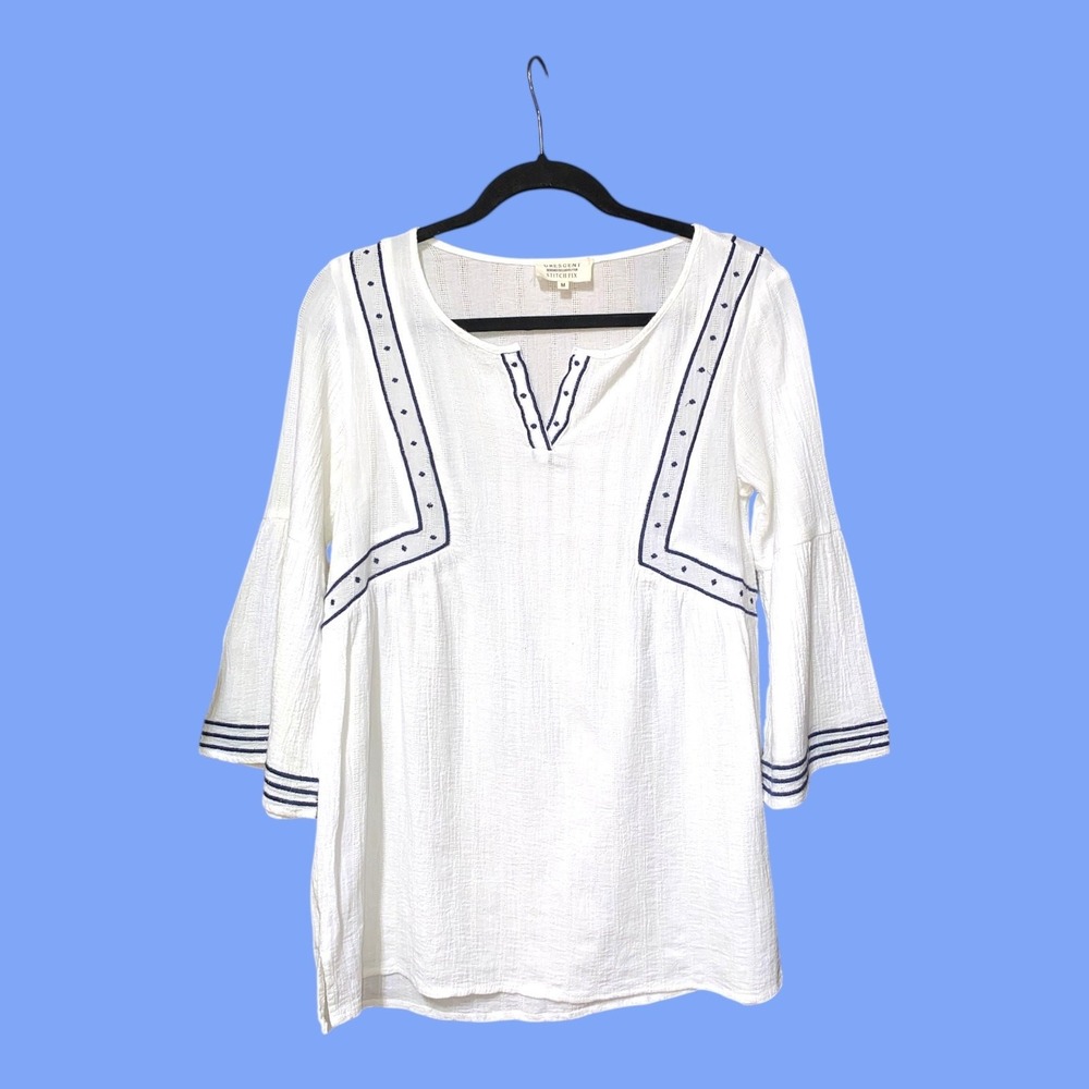 Boho Tunic top Peasant Embroidered Flared Sleeve Aztec SzM Crescent/Stitch‎ Fix